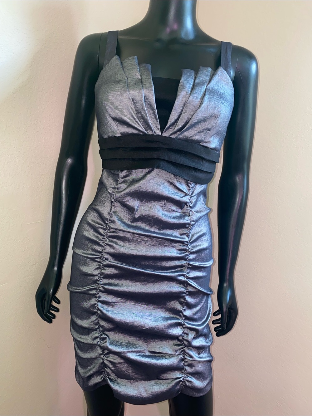 Wishes Wishes Wishes Silver-Gray Ruched Shiny Mini Dress
